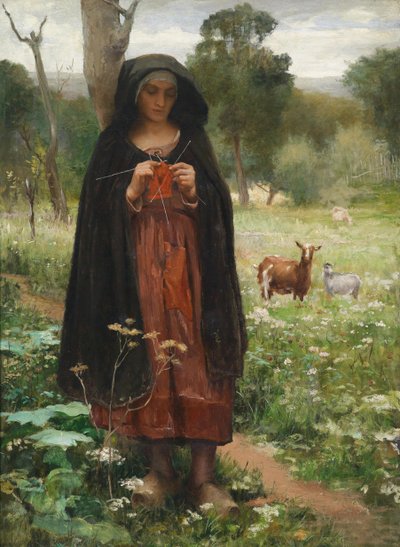 Shepherdess Knitting by George François Paul Langée